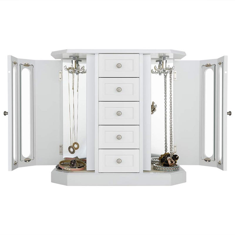 RR ROUND RICH DESIGN Jewelry Box - Made of Solid Wood with Cabinet Type 5 Drawers Organizer and 2 Separated Open Doors on 2 Sides and Large Mirror White - Image 3